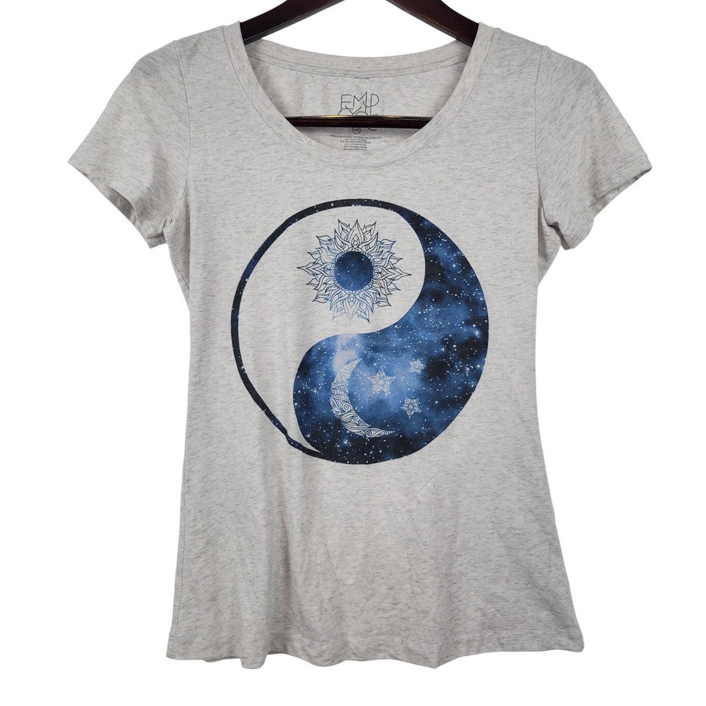 Empyre Women's Short Sleeve Tee Gray with Blue Yin Yang Galaxy Graphic